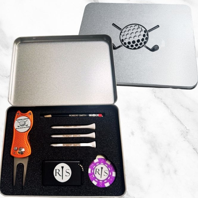 Gamola Golf Personalised Custom Golf Gift Set Tin - Tees, pitch repair, poker chip, ball marker - Medium